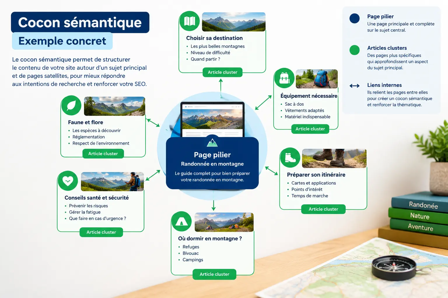 Schéma d'un exemple de cocon sémantique : la page pilier Randonnée en montagne au centre, reliée à six articles clusters (choisir sa destination, équipement nécessaire, préparer son itinéraire, où dormir en montagne, conseils santé et sécurité, faune et flore)