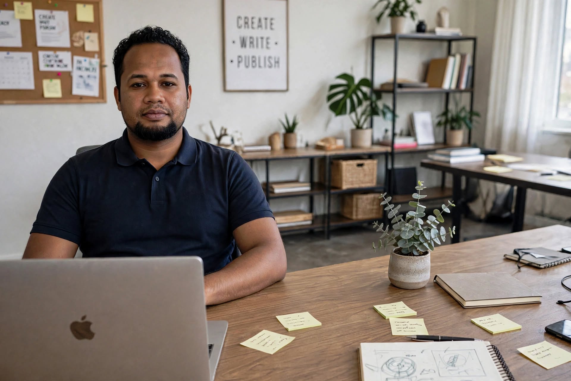 Beranto au bureau, en train de travailler sur une stratégie de netlinking